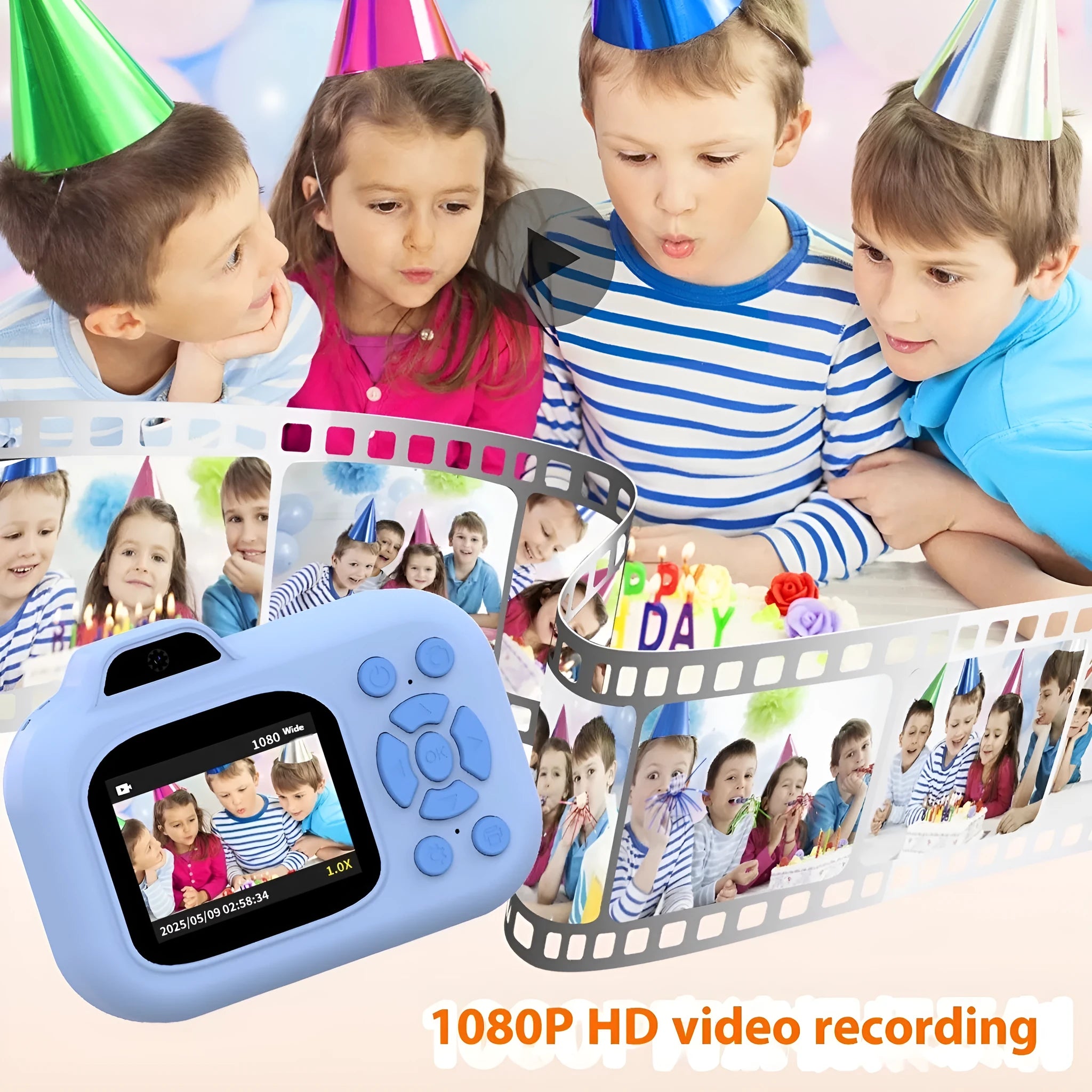 Children's plastic digital camera in blue colour with video recording and game functions