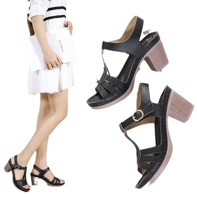 Women's black patent leather high-heel sandals with a metal buckle and thick 8cm heel.