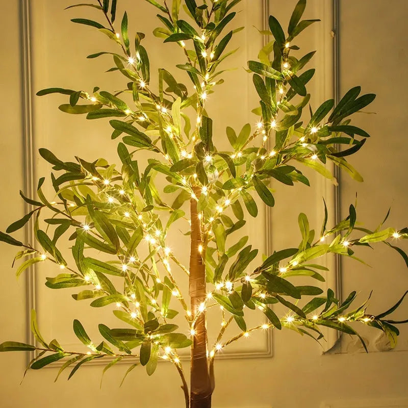 1.8 metre tall artificial olive tree lamp with warm white LED lights in foliage