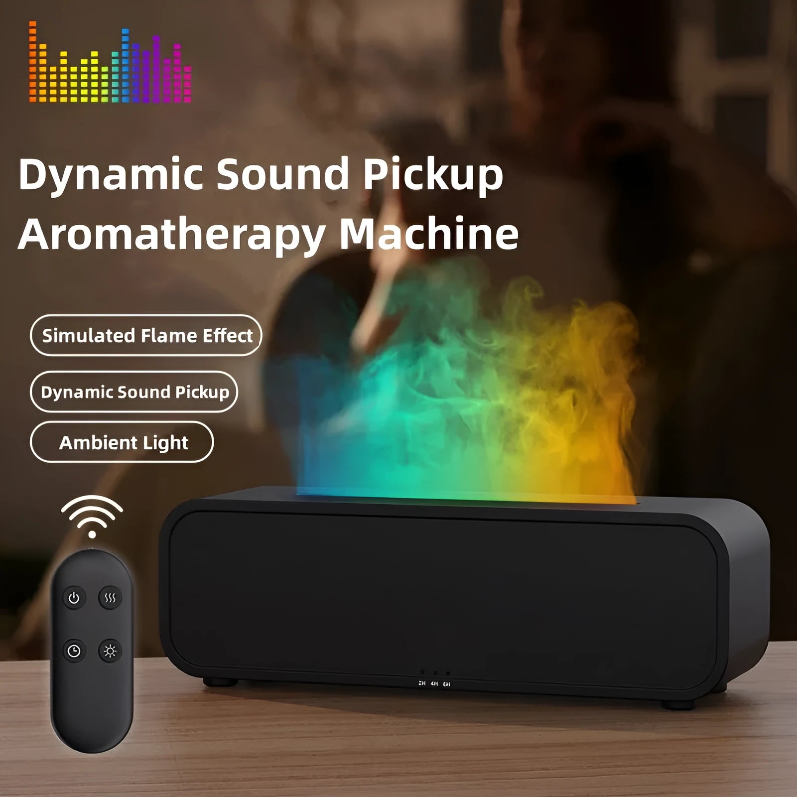 Black aroma diffuser with colour-changing flame light effect and remote control on a table.