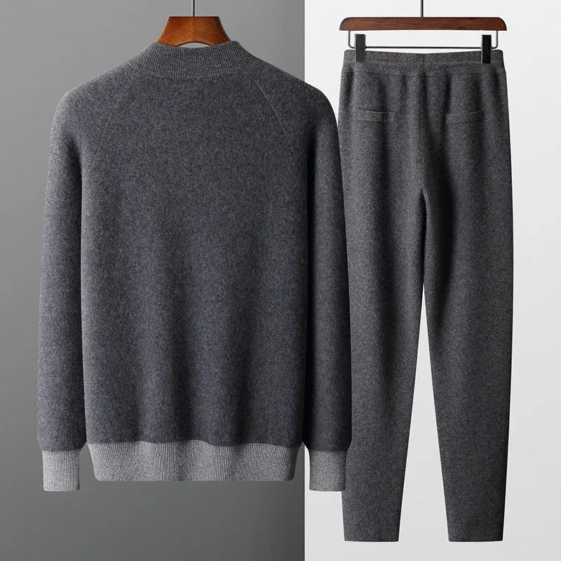 Men's navy blue cashmere wool blend winter sports suit with half turtleneck zipper cardigan and trousers