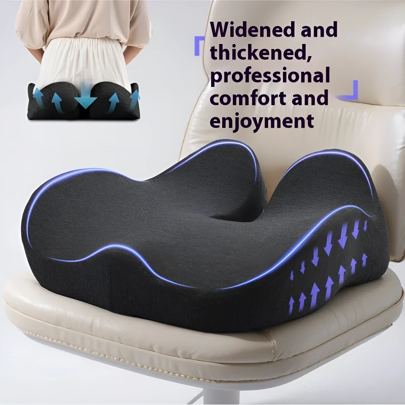 Memory foam office chair cushion in light grey on a desk chair.