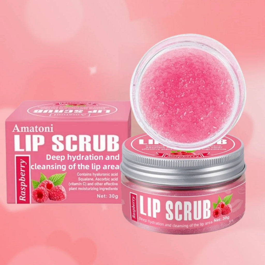Amatoni 30g pot of fruit flavour lip scrub cream for exfoliating and moisturising lips.