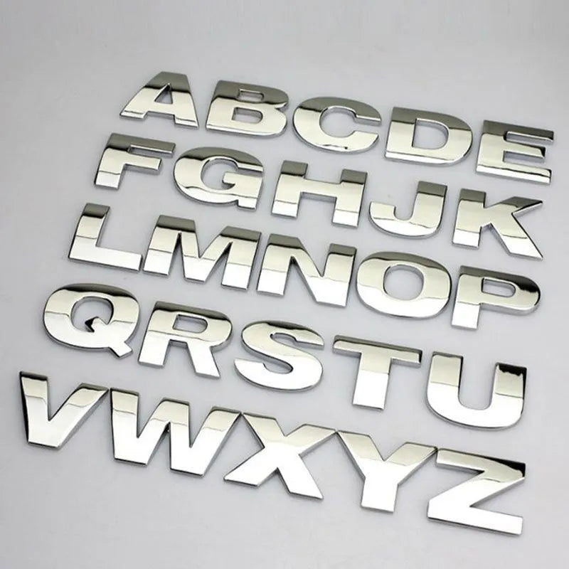 Silver and black metal zinc alloy 3D car bumper stickers showing letters A to Y, 2.5cm size