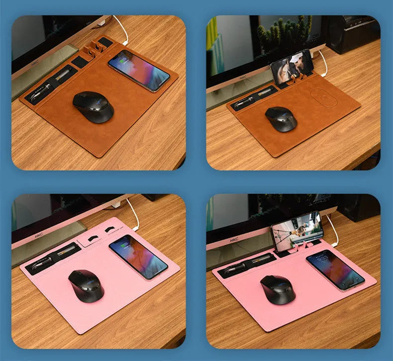 Pink multifunctional wireless charging mouse pad with integrated mobile phone holder on a desk