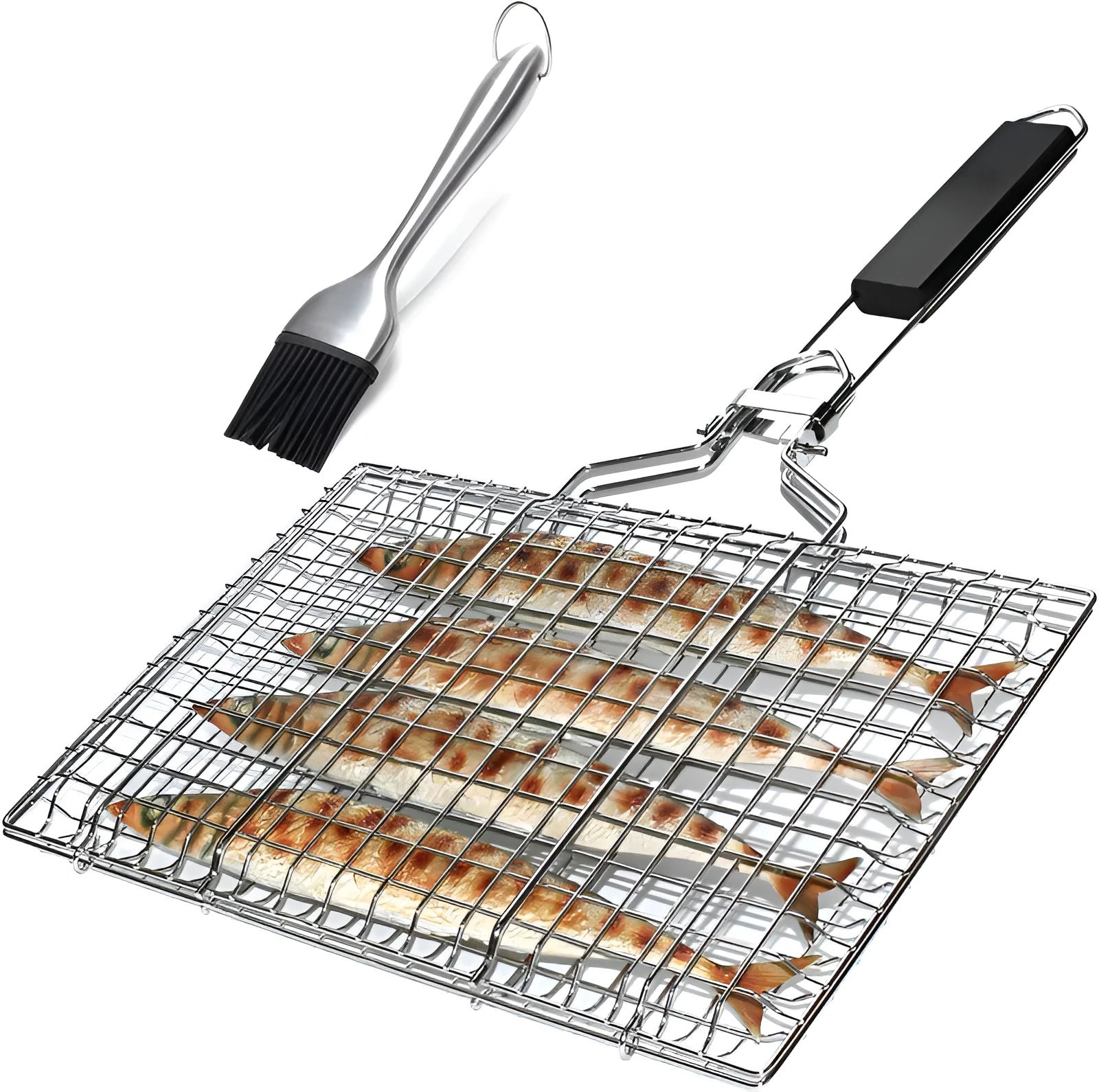 Square stainless steel barbecue mesh basket with folding design and included cleaning brush for outdoor grilling