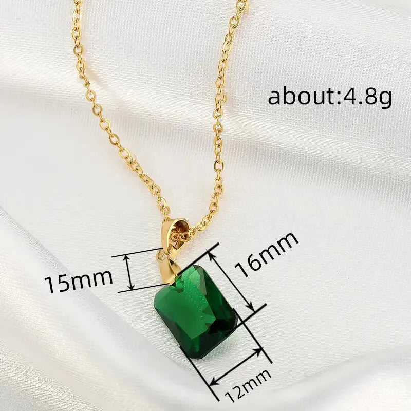Copper rectangular geometric pendant necklace on O-ring chain in green colour.