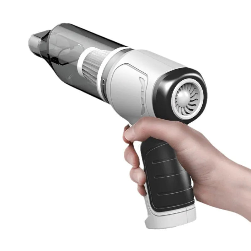 Wireless handheld car vacuum cleaner in gold or silver colour with dust bucket.