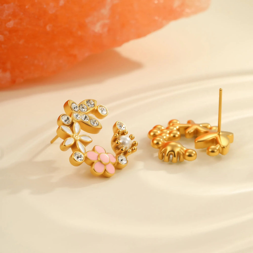 Flower stud earrings with petal design in 18K gold electroplated finish on stainless steel