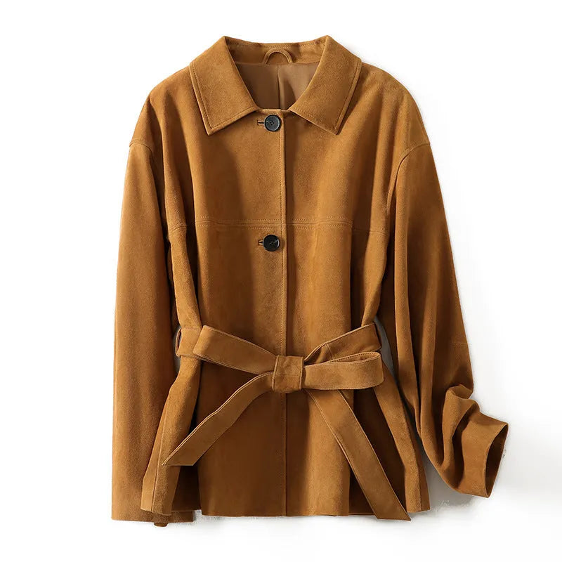 Yellow brown retro-style leather cashmere coat with Peter Pan collar and belt on a hanger.