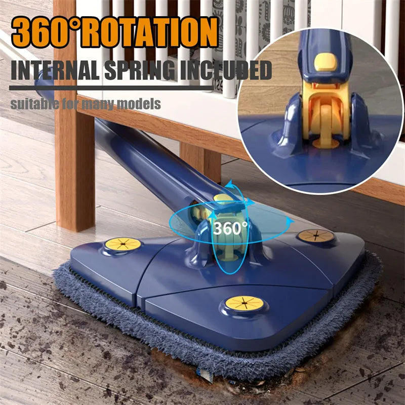 Blue extendable triangle cleaning mop with rotating head on stainless steel pole.