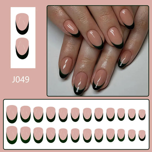 24 piece set of short almond shaped false nails with a simple black French style design.
