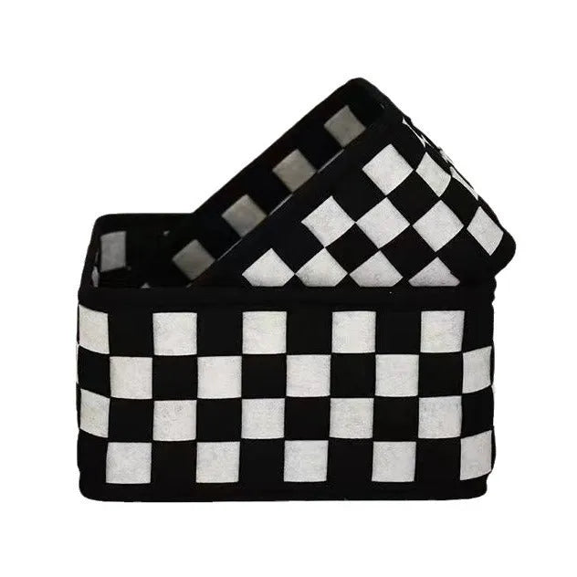 Checkerboard pattern felt folding storage basket showing 37x29x19.5cm dimensions