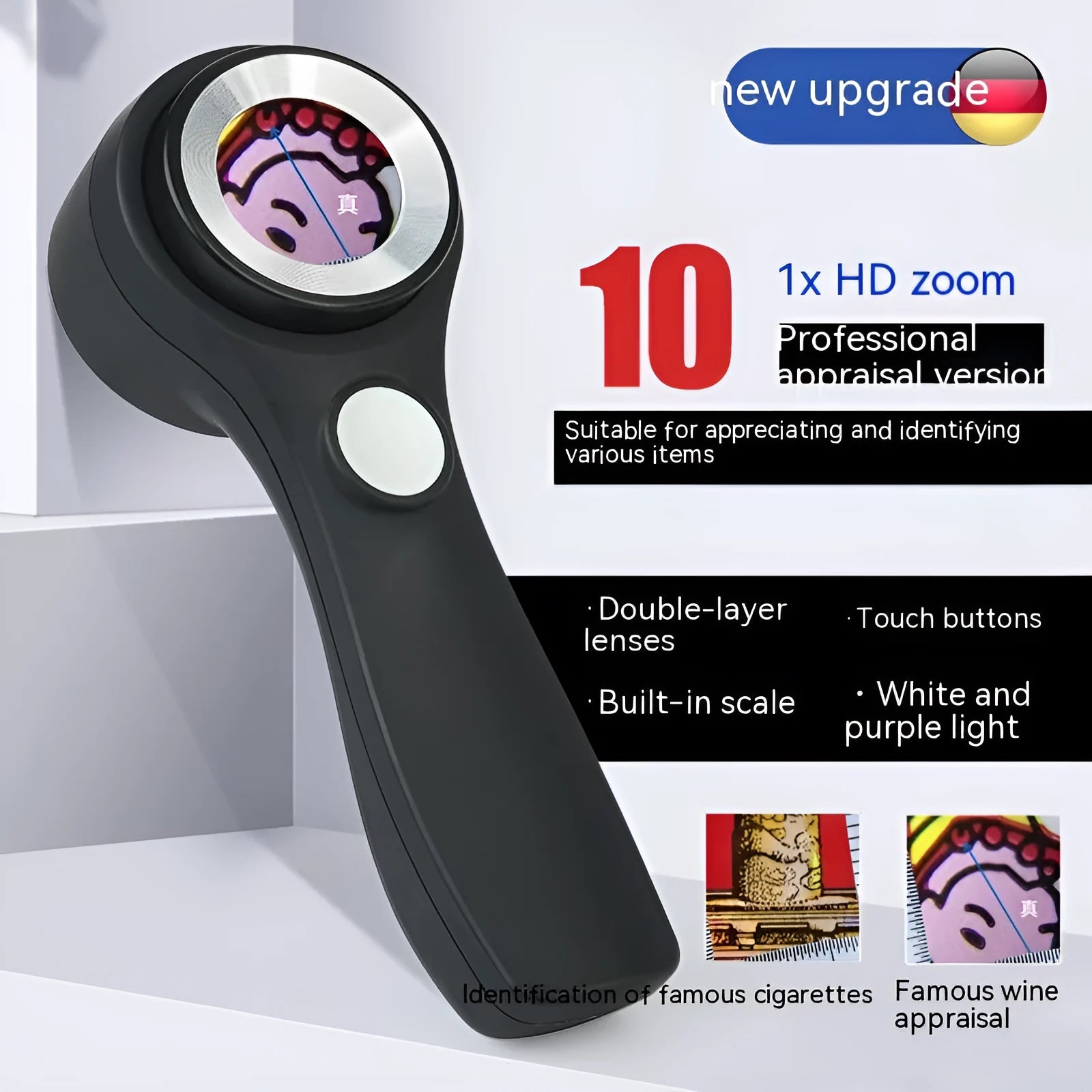 Black handheld magnifying glass with LED light for jewellery and coin appraisal.