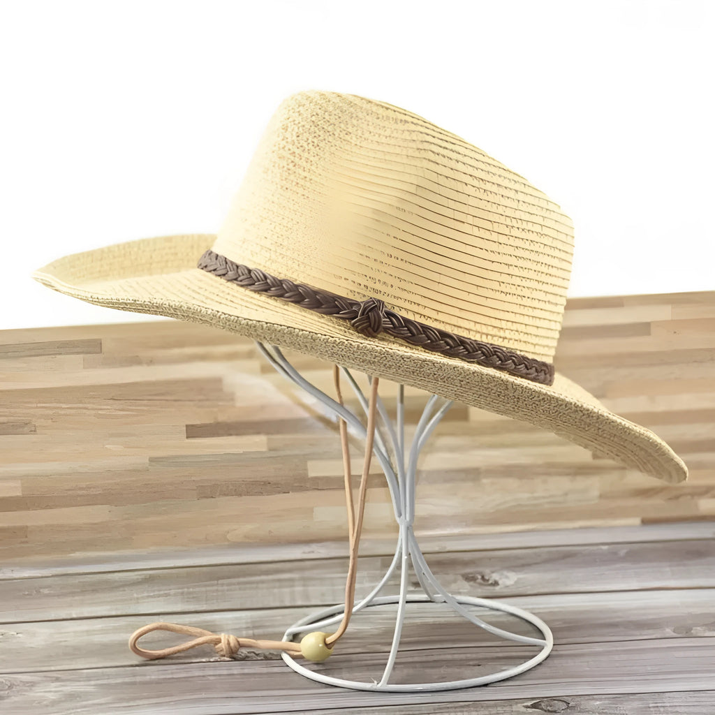 Men's foldable straw sun hat with wide brim in mixed beige colour