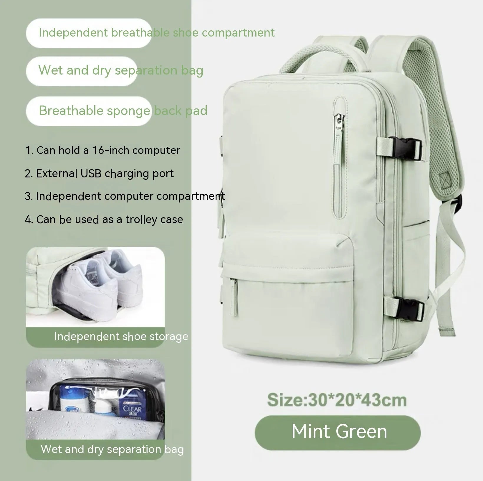 Large capacity waterproof mummy backpack in nylon available in multiple colours including black, mint green, pink, and light blue