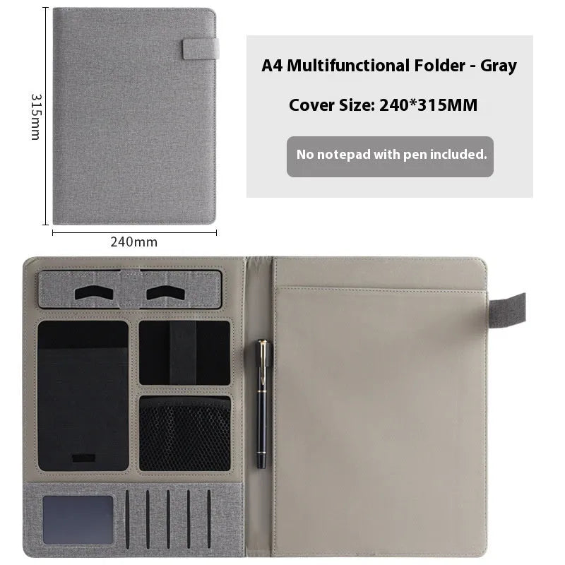 Leather A4 business folder with optional pen and notepad accessories in black colour