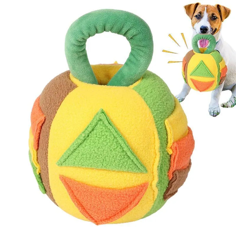 Green and pink dog plush ball squeaky toy with treat pockets for small to medium dogs.