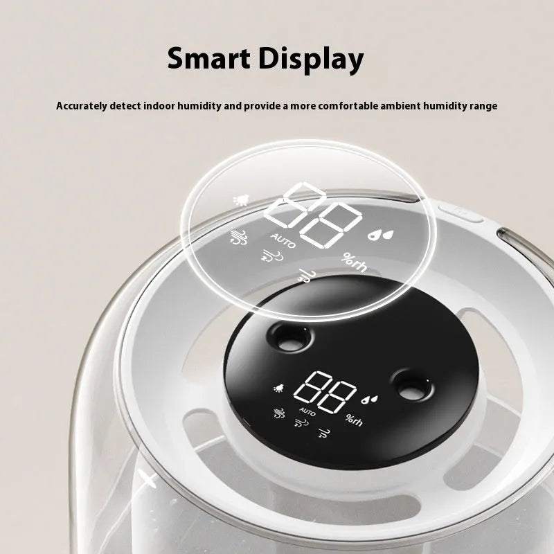 Beige round USB humidifier with dual spray nozzles, humidity display, and night light on wooden surface