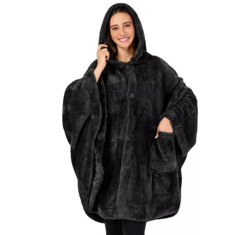 Thick hooded polyester bathrobe in cardigan style, shown in black, dark grey, or pink colour options.