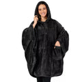 Thick hooded polyester bathrobe in cardigan style, shown in black, dark grey, or pink colour options.