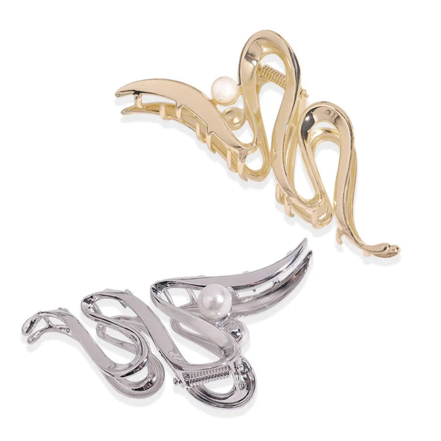 Silver metal hair clips collection with various Korean style designs including bows, pearls, and wave patterns