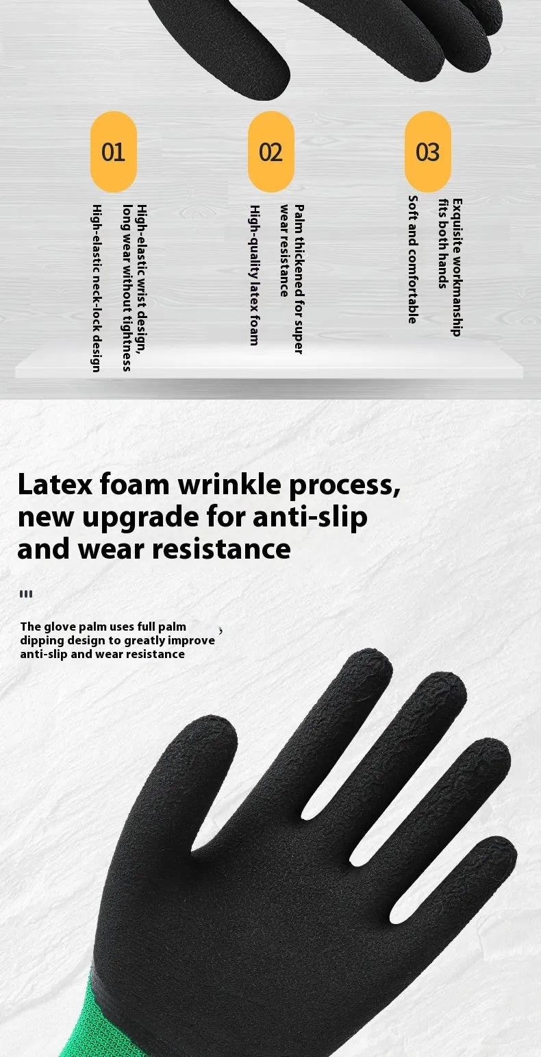 Black and green rubber work gloves with a textured non-slip palm