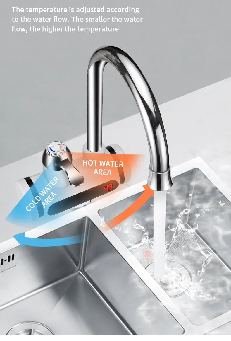 White 3000W instant electric water heater tap with digital temperature display and EU US plug options