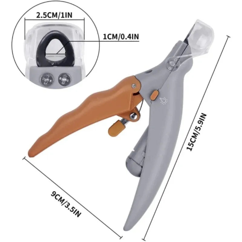 Yellow pet nail clipper with LED light and magnifying lens for trimming dog and cat nails