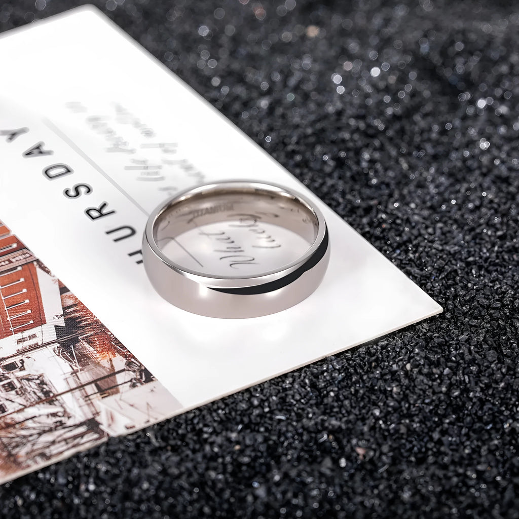 A silver titanium steel ring with a matte grinding finish, shown in different band widths on a plain background.