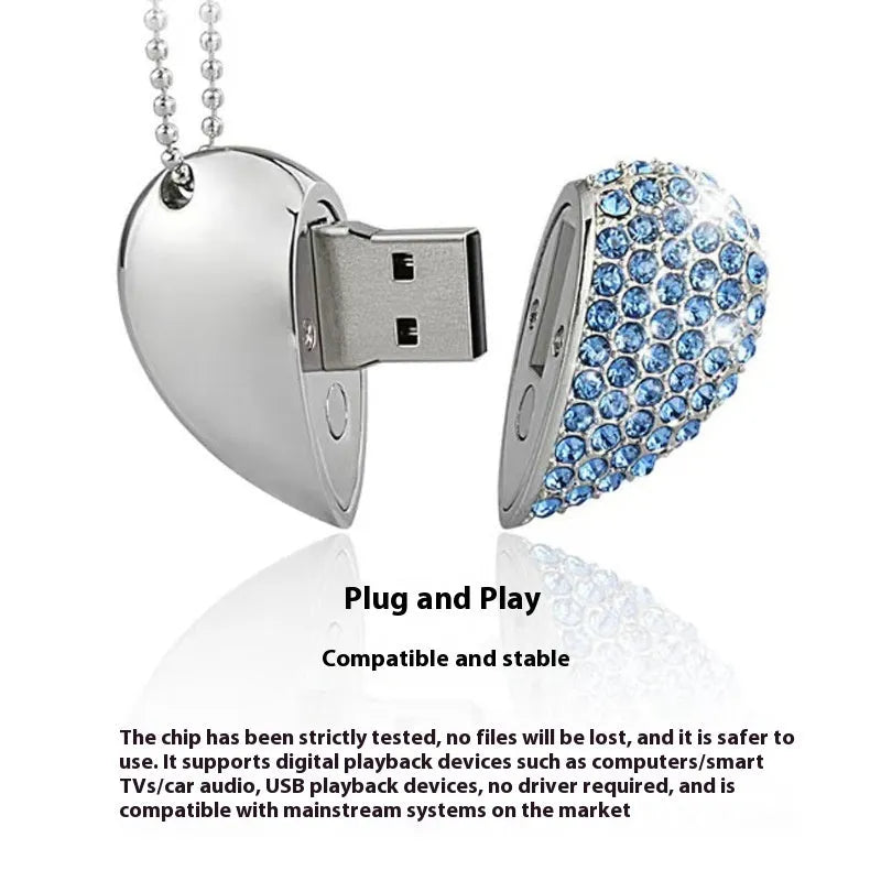 Blue brick pattern heart-shaped metal USB flash drive showing front design and USB connector