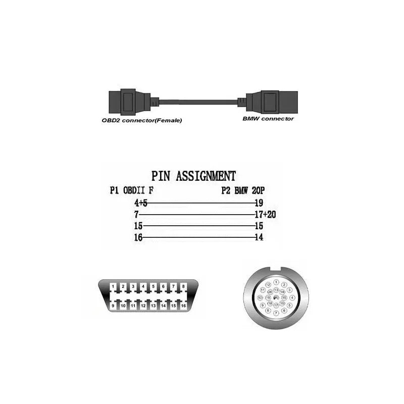 BMW OBD2 diagnostic adapter cable showing 20-pin and 16-pin connectors