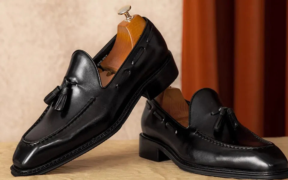 Men's black genuine leather slip-on loafers with rubber sole