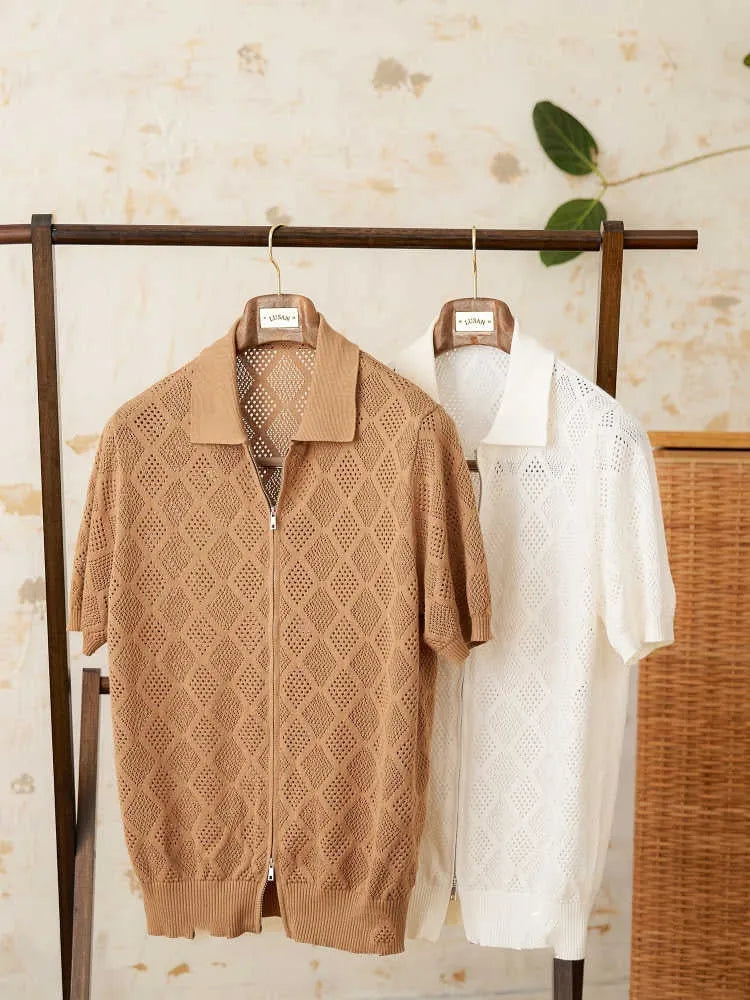 Light brown zip-front cotton cardigan with a lapel collar and short sleeves.