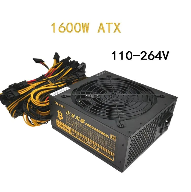 Black server power supply unit with multiple cable connectors including 12 GPU and 3 D-type ports.