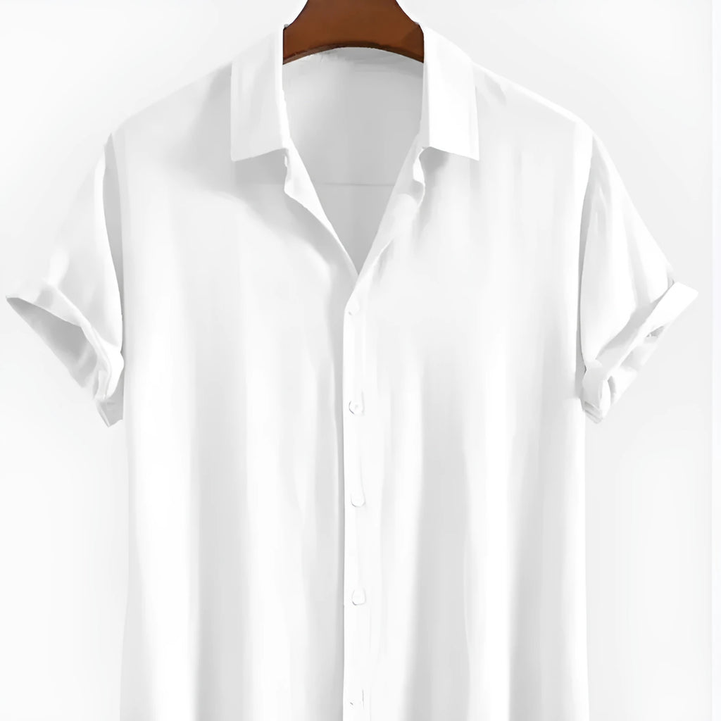 Men's loose fit polyester cardigan in black, green, or white with short sleeves