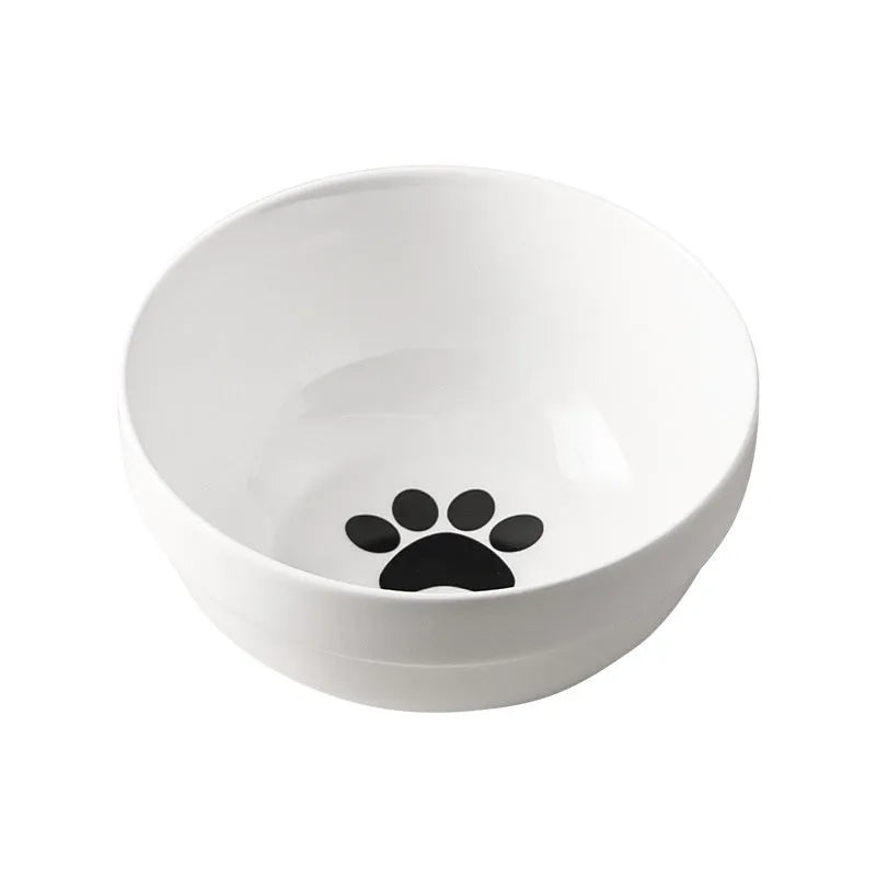 White ceramic pet bowl with cat footprints pattern in black iron cat ear frame