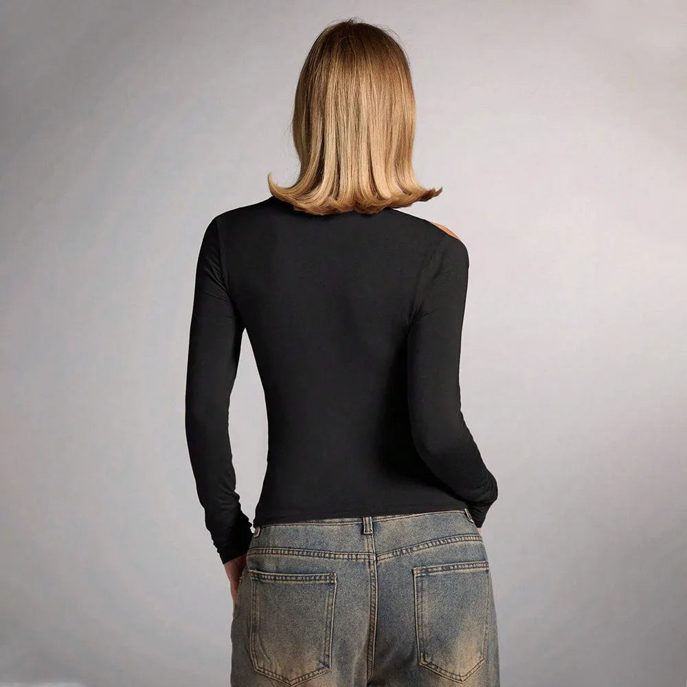 Black women's halter top with shoulder-baring design and slim fit