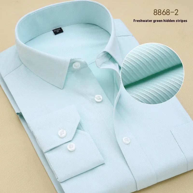 Men's black cotton long sleeve business shirt with slim fit and cardigan style on hanger