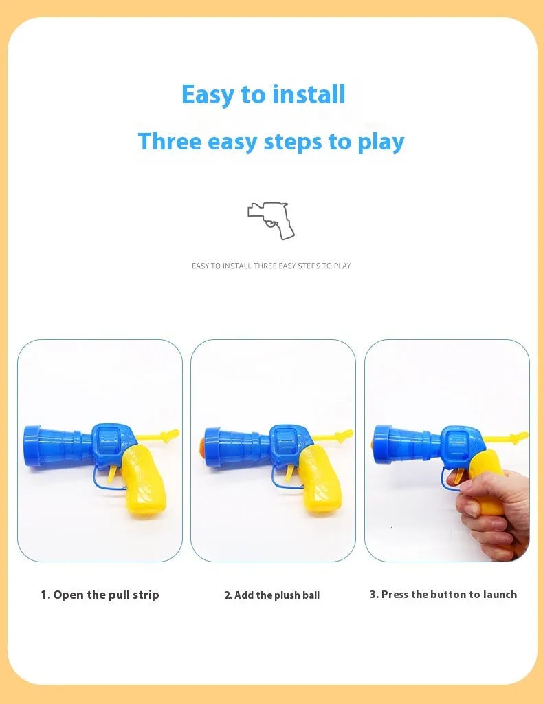 Plush ball launcher pet toy with 30cm shooting gun and multiple 3cm yarn balls