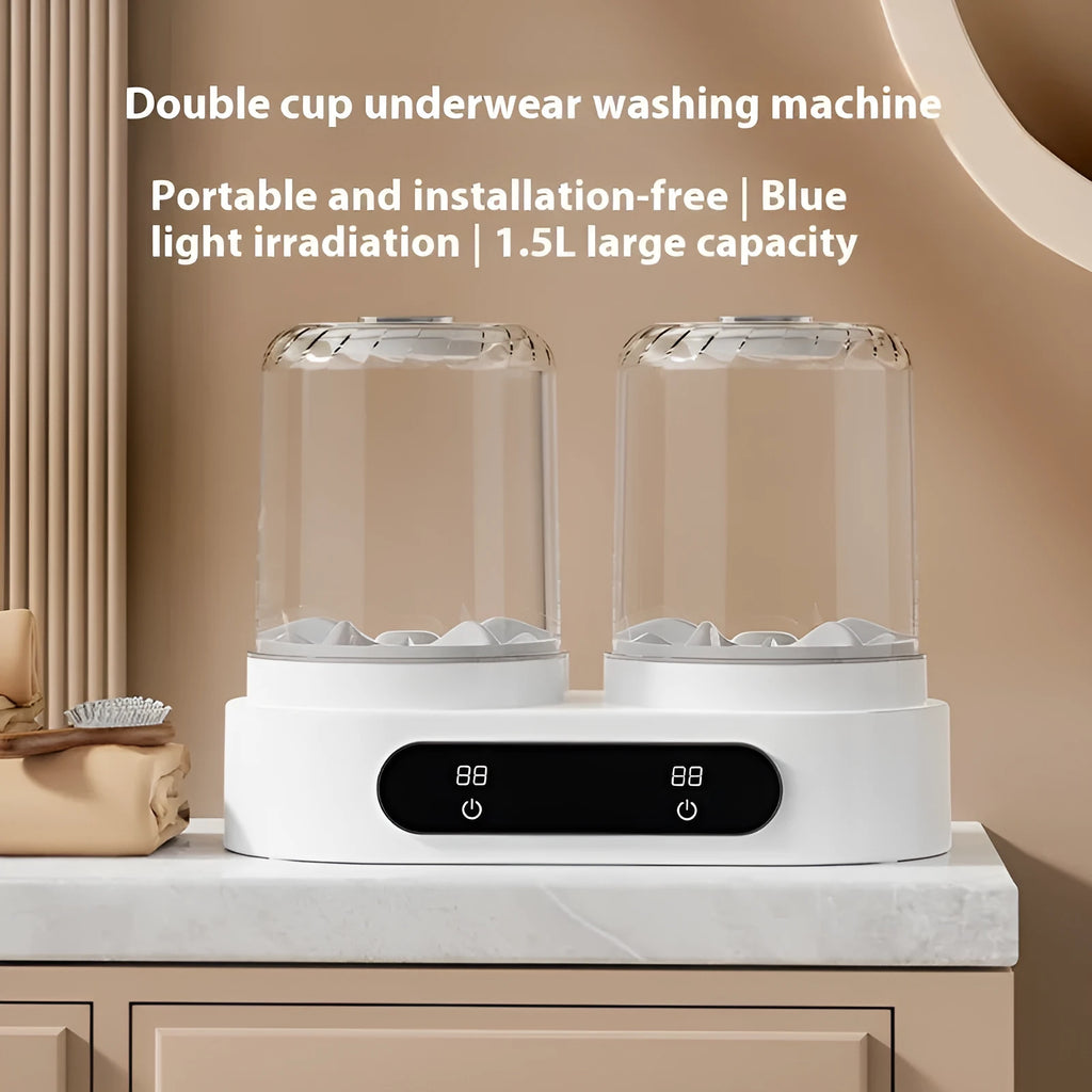 White double bucket mini underwear washing machine with USB power port and mechanical timer