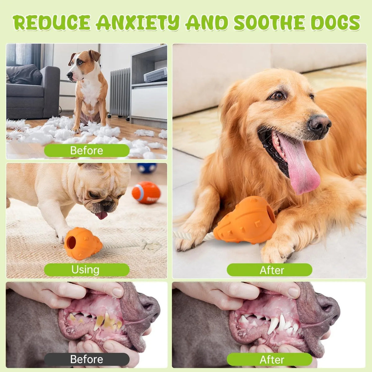Natural rubber stuffable dog toy with a long strap for fetch, shown with treats inside the hollow centre.