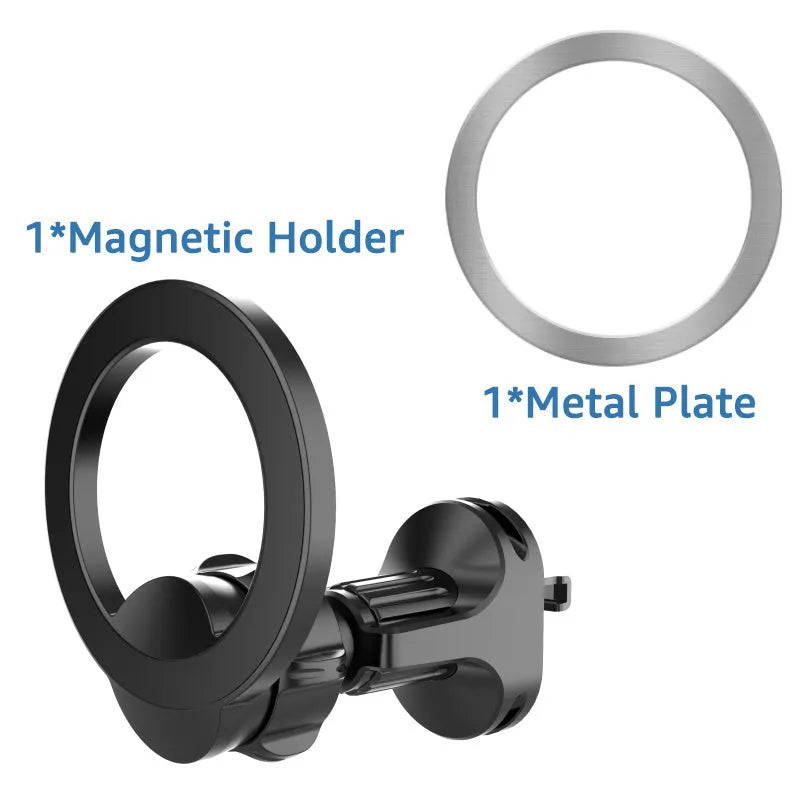Black magnetic suction car air vent phone holder mounted on a vehicle vent.