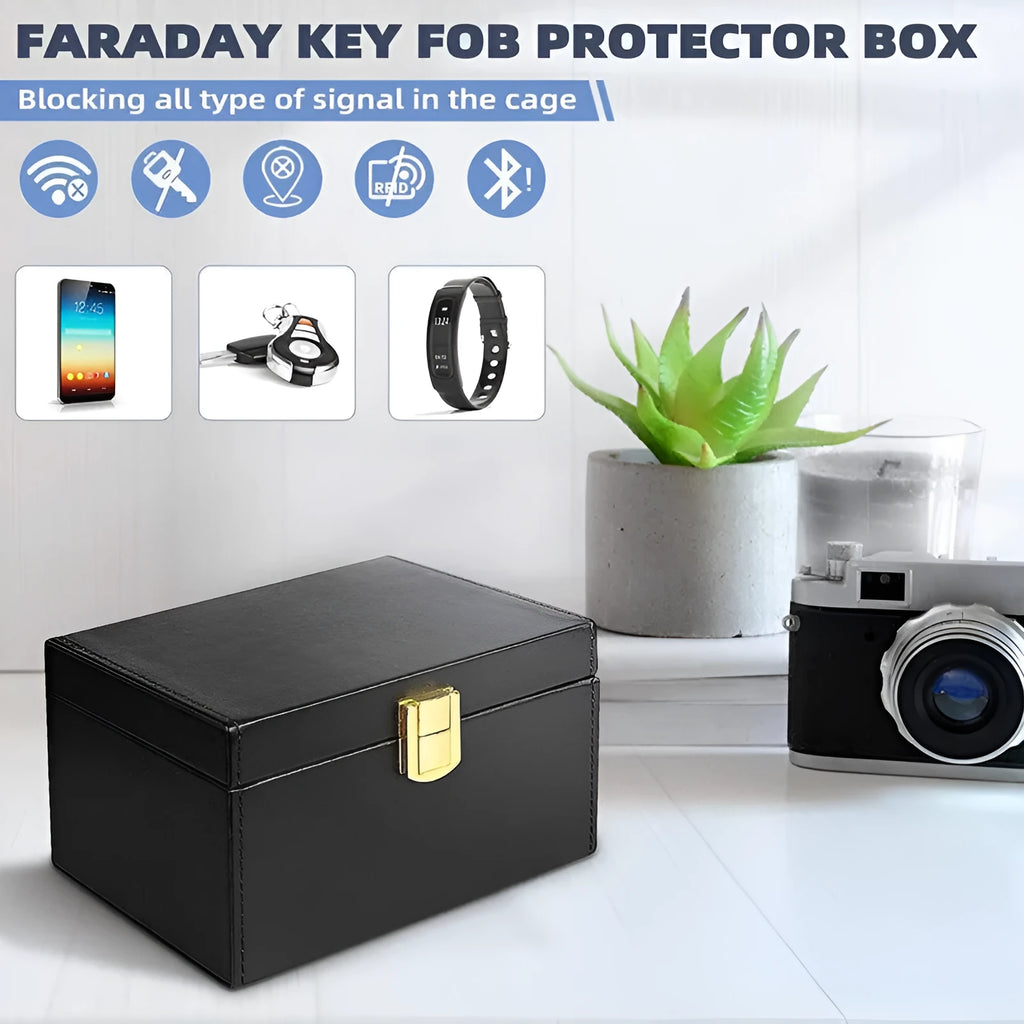 Grey carbon fibre RFID shielding box and two matching key cases for anti-theft protection