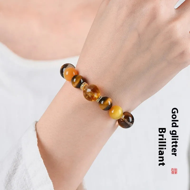 Natural yellow tower crystal string beads bracelet with 10mm Jinba large beads