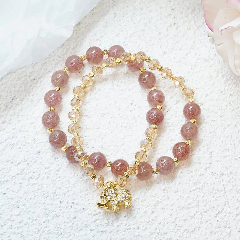 Retro colour hair crystal and strawberry quartz bracelet for women with adjustable ethnic design