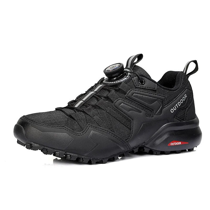 Men's lightweight hiking shoes with elastic band closure and synthetic leather upper in beige, black, and black red colour options.
