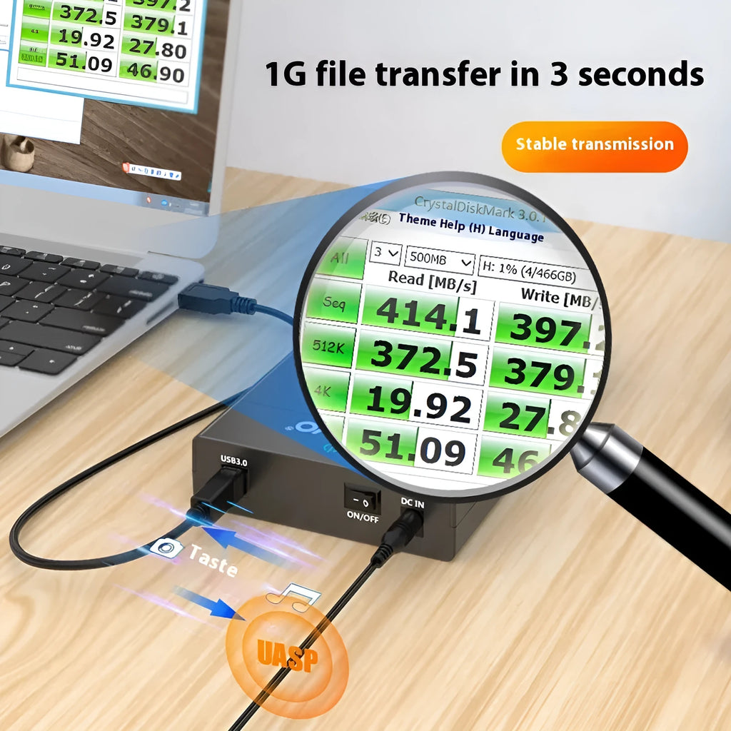 USB 3.0 external hard drive enclosure for 3.5-inch SATA hard disks with slide cover design.