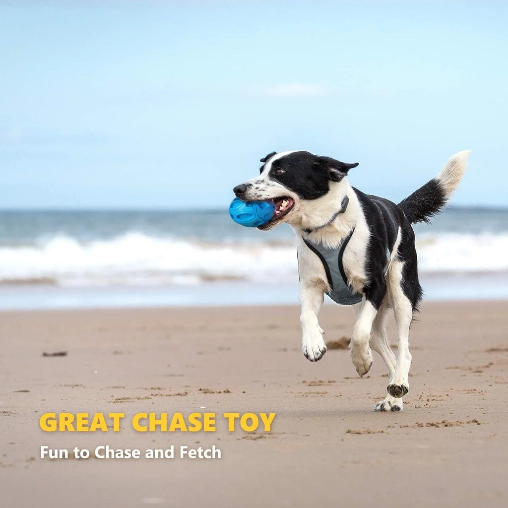 Natural rubber squeaky dog toy with surface grooves for aggressive chewers in blue, green, or orange