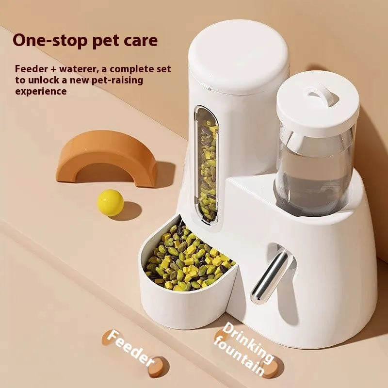 White automatic water bottle holder with attached food basin for a hamster cage.